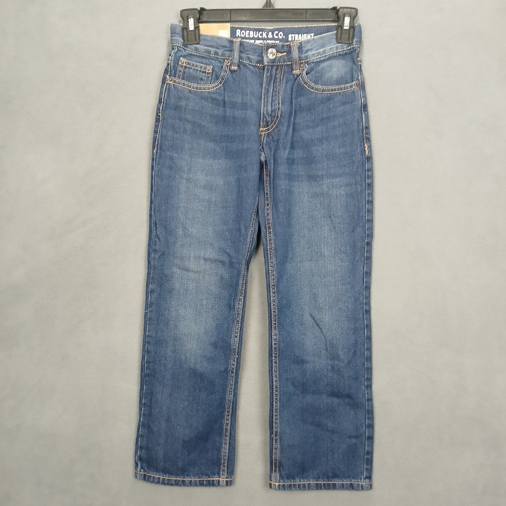 Roebuck & Co Straight Jeans Girls 8 Blue Denim Cotton Medium Wash Whiskers